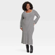 A New Day Dress Womens XXL Long Sleeve Maxi Sweate Dress Black/White Stripe