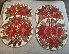 Nicole Miller Beaded Charger Placemat Set/4 15" POINSETTIA Holiday Christmas NEW