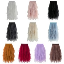 Women Mesh Layered Midi Skirt A-Line Fairy Skirt Female Solid Color Tutu Skirts