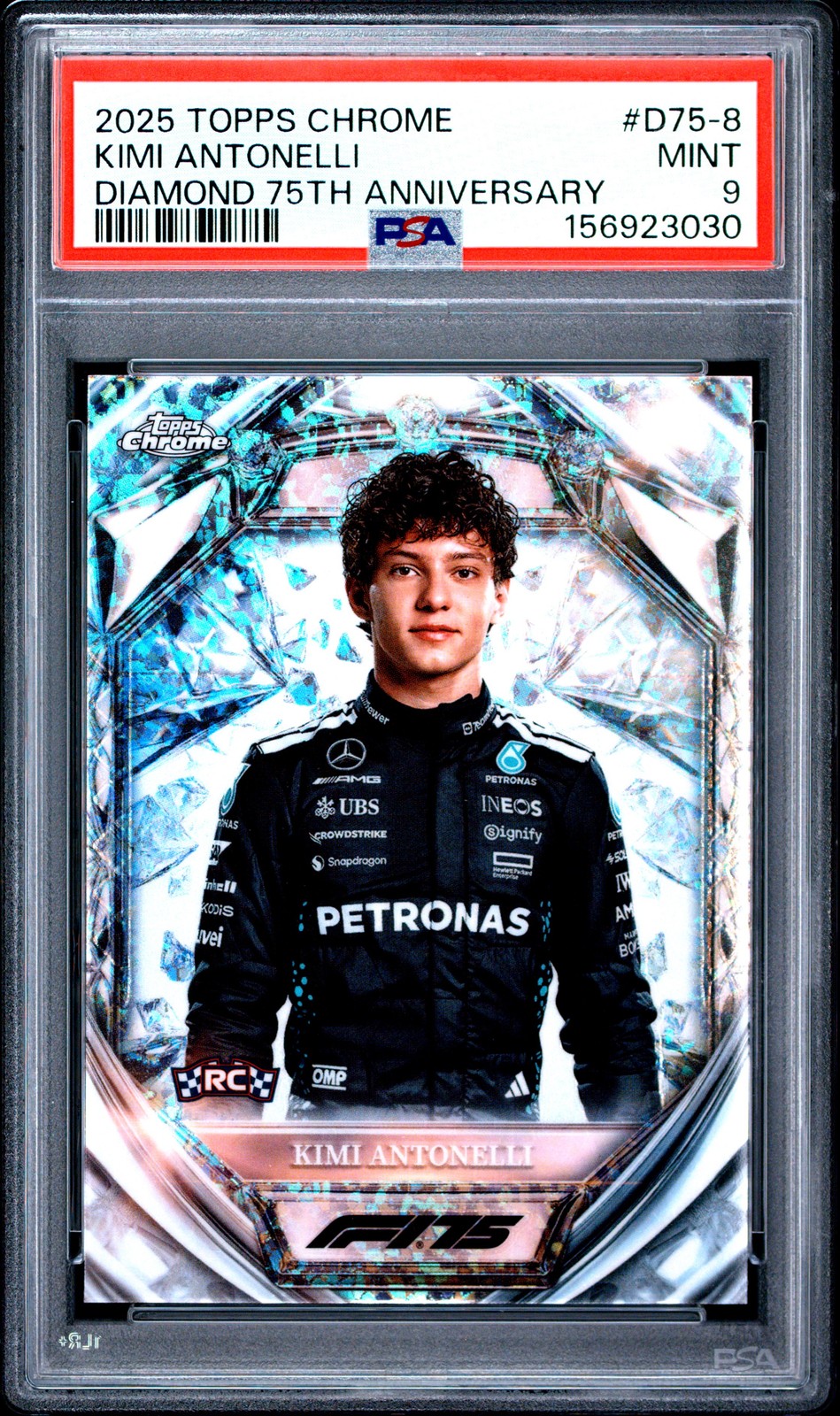 2025 TOPPS CHROME FORMULA 1 DIAMOND 75TH ANNIVERSARY KIMI ANTONELLI ROOKIE PSA 9 view 1