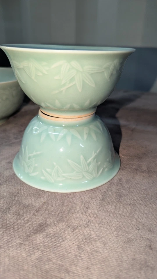Hermoso juego de 7 cuencos de porcelana Longquan vintage chinos esmaltados verdes TT48 Foto 3 de 3