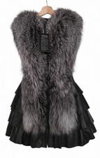 Luxus Echtleder Weste mit Silberfuchs Pelz Designer Style Soft Leather S-M