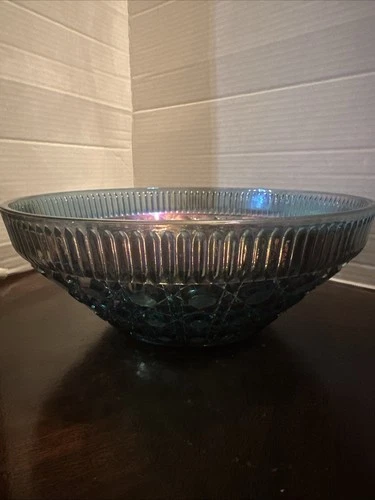 Vintage Carnival Glass Blue Iridescent Indiana Windsor Button Bowl  10-3/8"
