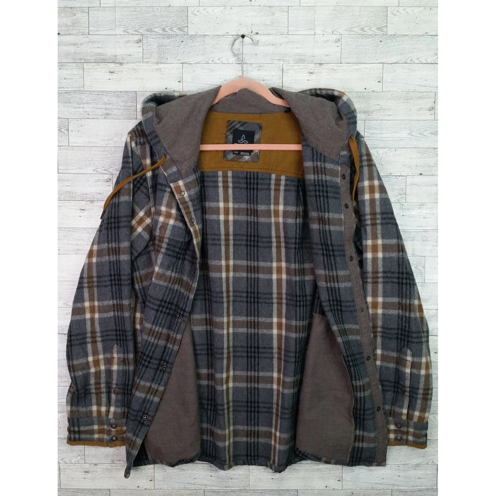 PrAna Asgard Men's L Gray Brown Plaid Hooded Flannel Jacket Snap Front image 2