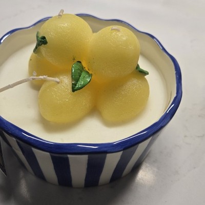 Yellow Fruit Lemon Citrus Scented Candle in Striped Bowl