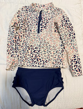 Ruffle Butts Girls 2-Piece Swim Set 4T Leopard Long Sleeve Rash Guard Bikini