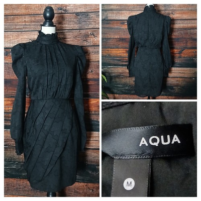 #ad Aqua Dress M Black Floral Jacquard Victorian High Neck Puff Sleeve Pleated Zip $61.33