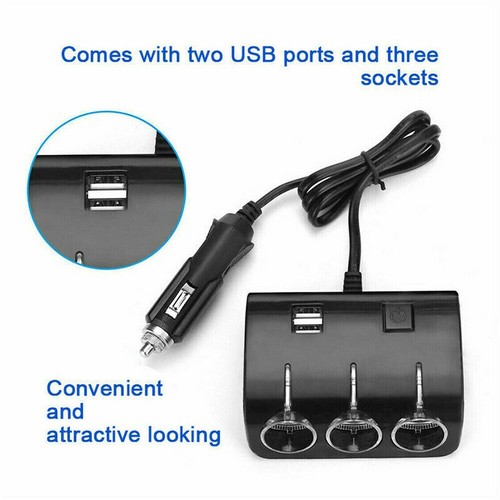 Car 3 Way Cigar Lighter Socket Splitter,12-24V Dual USB Charger Power Adapter - Picture 3 of 12