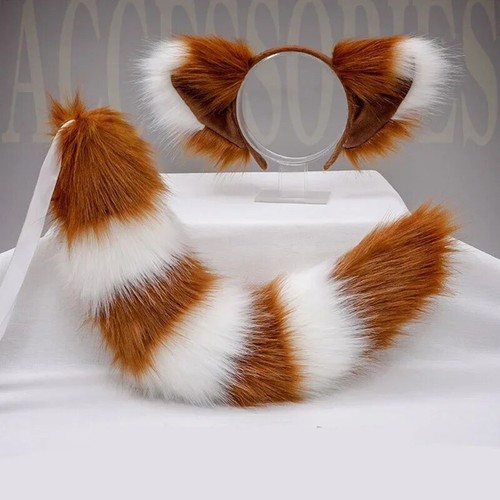 Cosplay Props Fox Tail Ears Halloween Party Wolf Cat Fox Plush Tail Headwear Set - Picture 2 of 12
