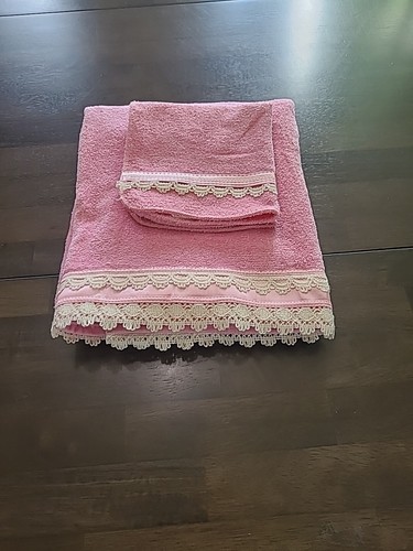 Vintage MCM Dundee Bath Towel Washcloth Set Pink Ivory Lace USA Made Mid Century - Picture 2 of 9