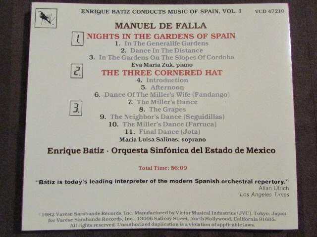 MANUEL DE FALLA NIGHTS IN THE GARDEN OF SPAIN JAPAN CD VCD47210 VARESE SARABANDE Foto 3 de 4