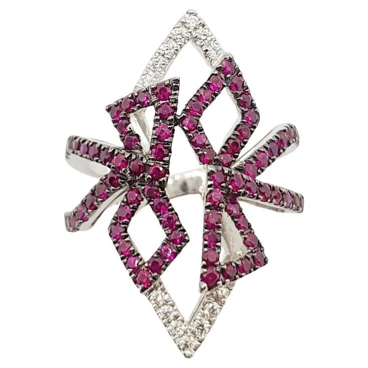 Unique Fancy Bow Design Simulated 1.08 TCW Round Cut Ruby & Sapphire Party Ring - Image 4 of 4