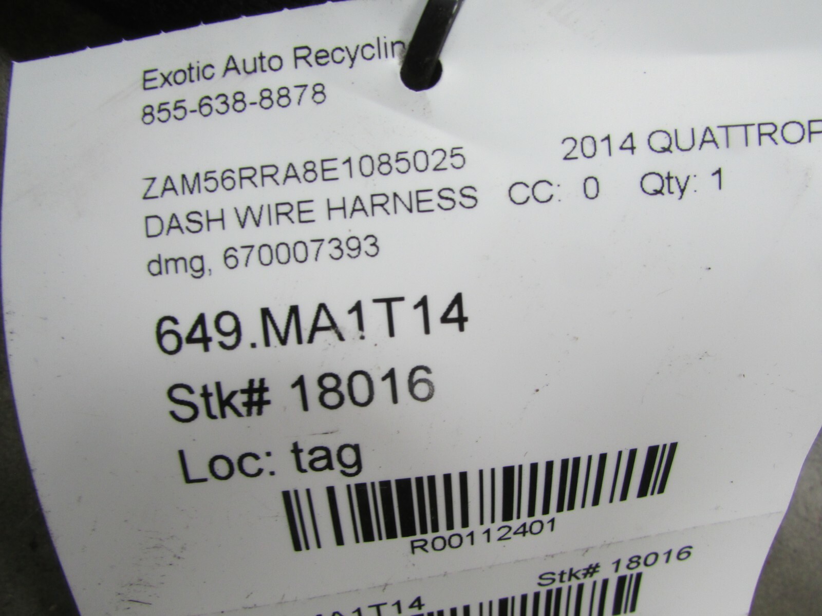 2014 Maserati Quattroporte, Dash Wiring Harness, Damaged, Used, P/N 670007393