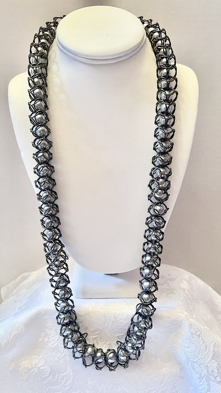 Vintage Caged Faux Gray Pearl Infinity Necklace 30 Inches