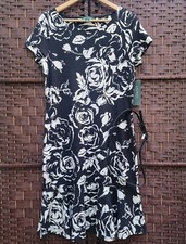 Lauren Ralph Lauren Black & White Floral Short Sleeve Belted Dress Size L