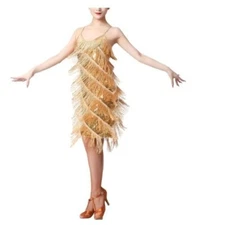 Gold Sequins Fringe Dress Flapper Latin Dance Costume Size Medium