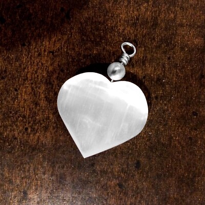 Selenite Crystal Heart Pendant Chakra Love Stone Sterling Silver Necklace CHARGE