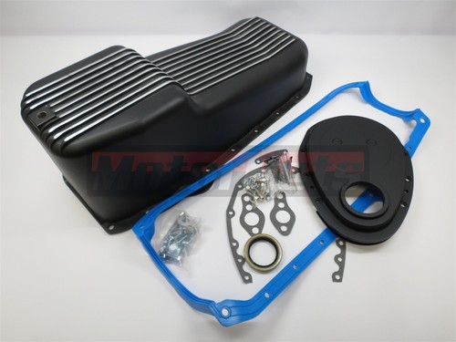 Chevy SBC 58-79 Black Fin Aluminum Oil Pan Kit w/ Gasket Timing Cover 305 350  - Foto 1 di 6