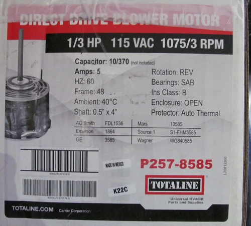 NEW TOTALINE P257-8585 DIRECT DRIVE BLOWER MOTOR 1/3HP 115V 1075/RPM