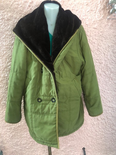 EASY COMFORT OUTERWEAR GREEN FABRIC PADDED FULLY LINED FUR HOODIE JACKET SZ 14