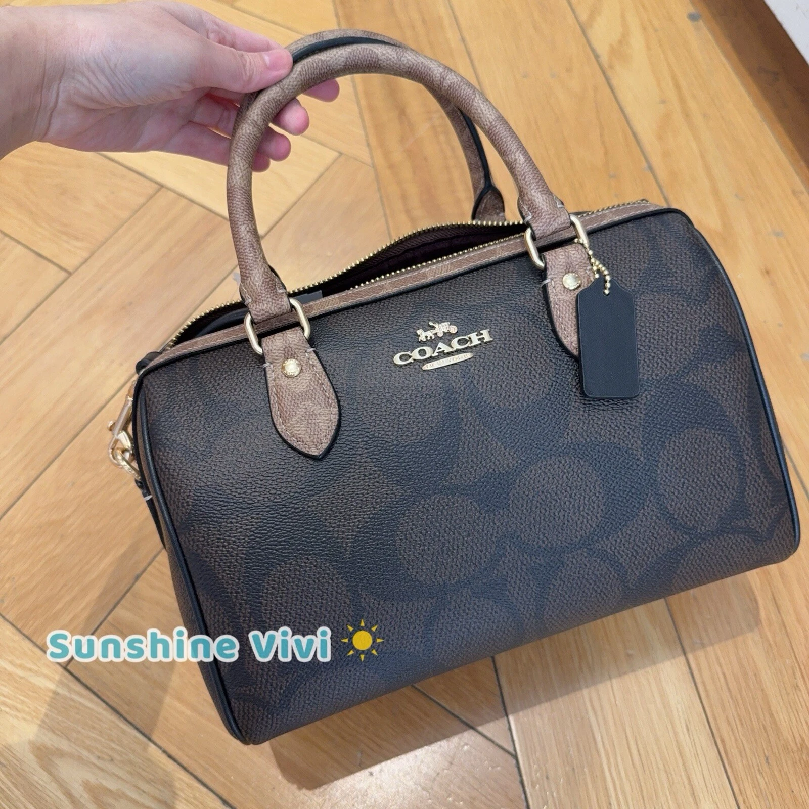 Borsa a tracolla Coach Cy679 Rowan nuova con etichette in pelle tela firmata bloccata noce abbronzatura