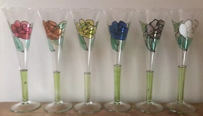 6 Vintage Royal Danube Crystal Hand Painted Rose Champagne Flutes Glasses 10''