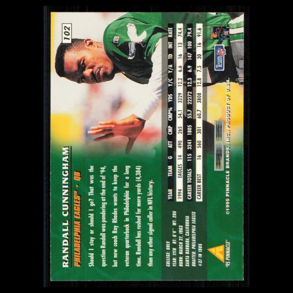 Randall Cunningham #102 1995 Pinnacle Philadelphia Eagles Football Card NFL NM - Image 2 of 3