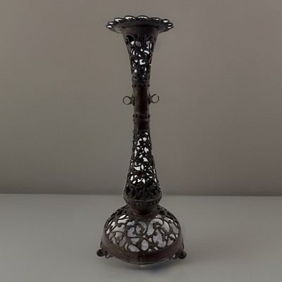 Vintage Victorian Cast Metal Filigree Candle Holder Openwork Bronze Tripod Base