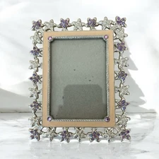 Vintage 90s Ornate Metal Floral Purple Rhinestones Small Picture Frame