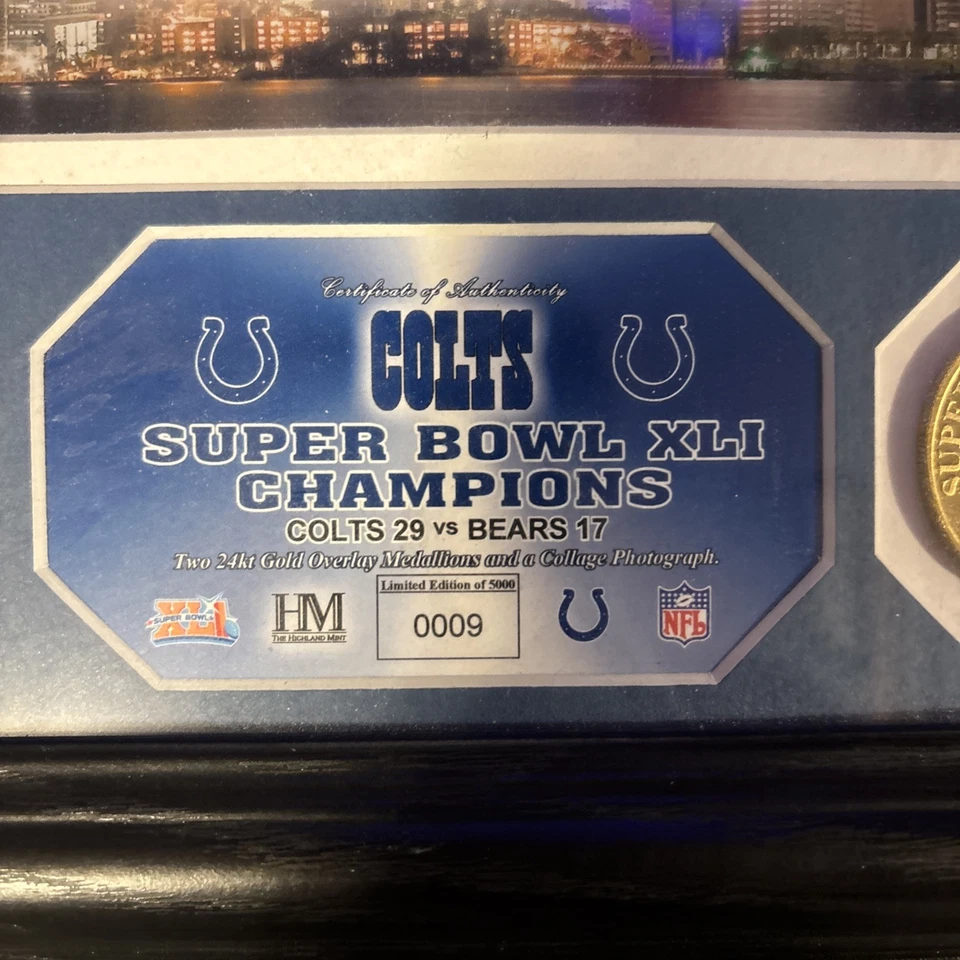 Pôster Super Bowl XLI Colts Champion com 2 moedas de sobreposição de ouro 24kt 9/5000 - Imagem 4 de 4