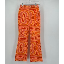 Womens Psychedelic Bell Bottom Flare Pants Size S Retro Mod Y2K Groovy Orange