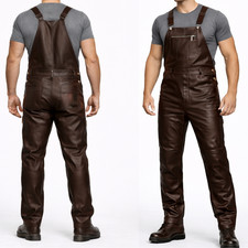 Mens Genuine Soft Leather Brown Bib Overall Dungaree Jumpsuit Suit Uniform Black