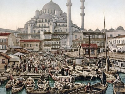 Istanbul Constantinople Waterfront Scene Mosque Harbor Market Vtg. Photo 19thC.