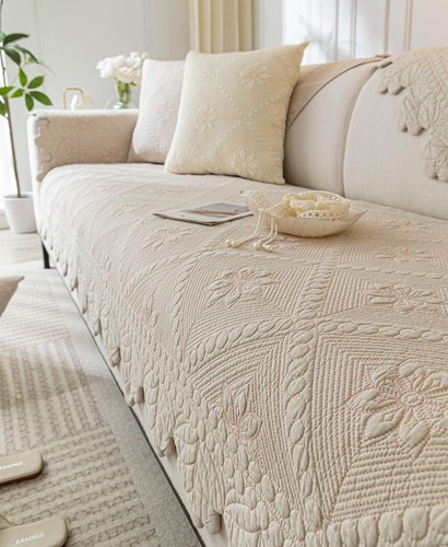 Farmhouse 100% Cotton Quilted Couch Cover Floral Embroidered Sofa Cover Non-S...