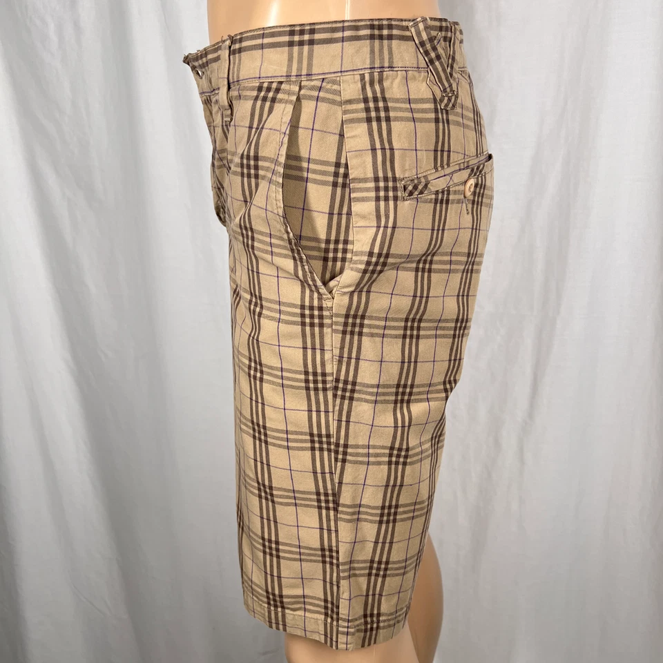 Volcom Men’s 30W Beige Brown Plaid “Vahn” Flat Front Casual Chino Skate Shorts - Image 4 of 4