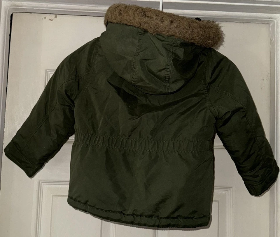 Carter's Jacket Boys 3T Green Parka Hooded Faux Fur Trim Sherpa Lined Winter - Image 2 of 3