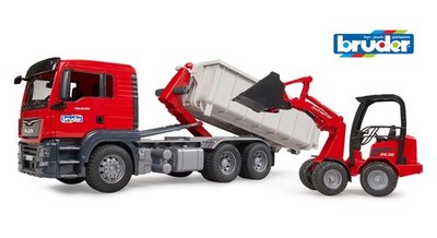 Bruder 03767 MAN TGS LKW mit Abrollcontainer und Schäffer Lader 1:16 Spielzeug