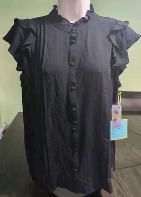 NWT- CeCe: Black, Cap Sleeve, Button Down, Ruffled Trim Blouse, Size Medium