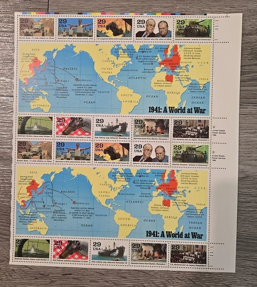 USPS WORLD WAR 11 AT WAR STAMPS  5 FULL SHEET SET MNH 1941 1942 1943 1944 1945 - Image 2 of 4