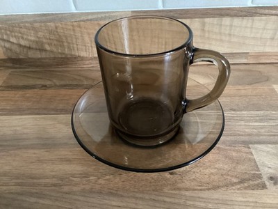 Vintage Arcoroc France Retro Rauchglas Kaffee Tee Becher & Untertasse 70 er
