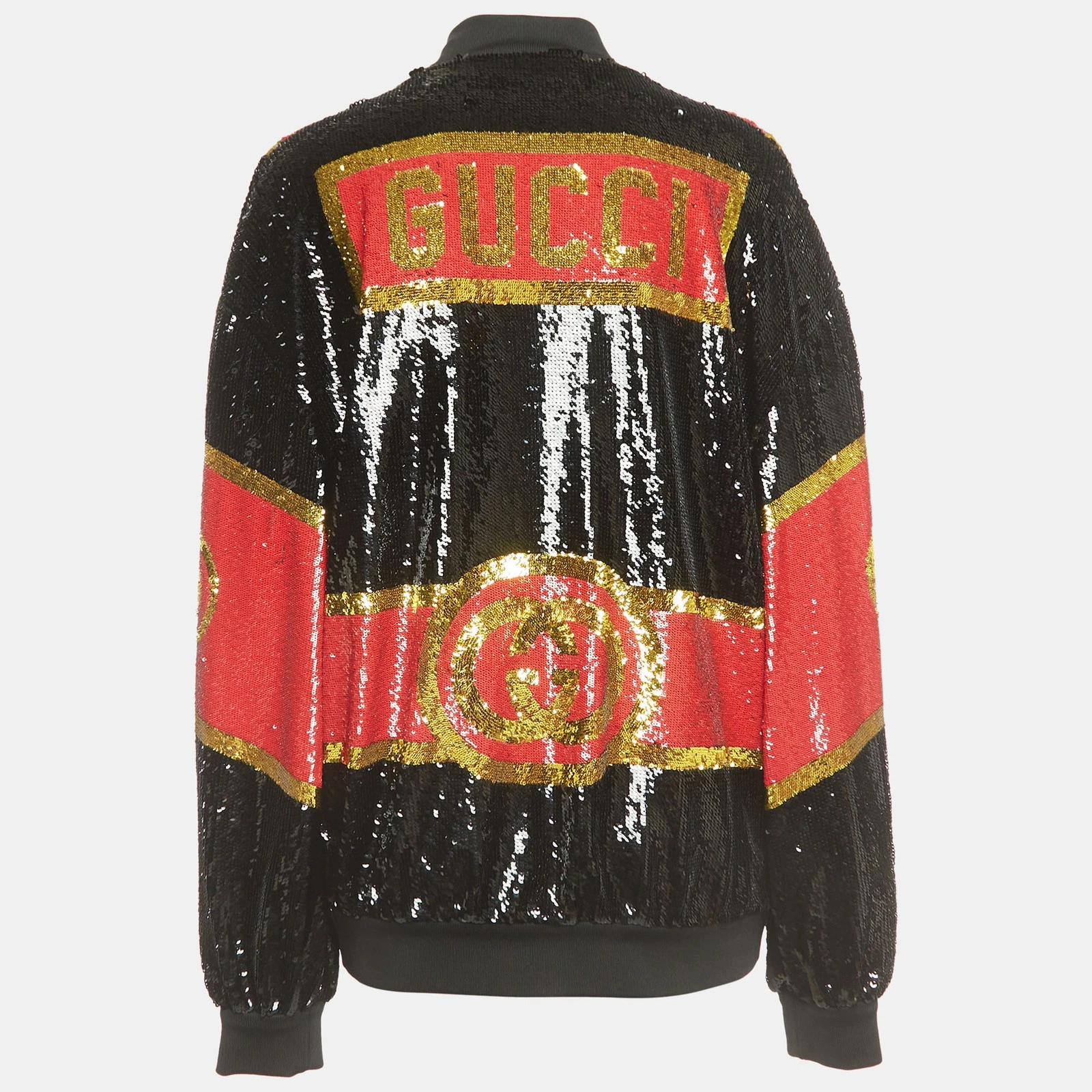 Giacca bomber Gucci Dapper Dan nero rosso motivo logo paillettes S