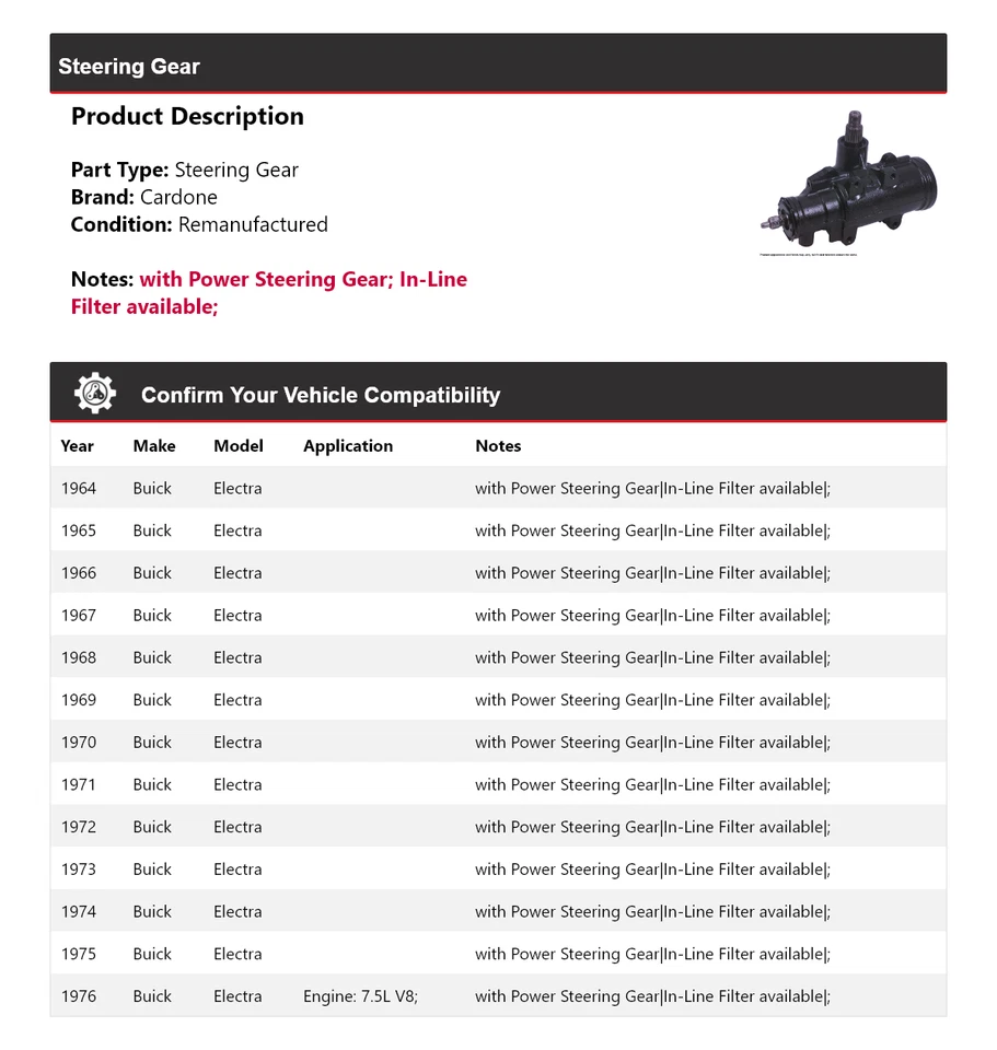 适用于 1964 - 1976 年别克 Electra 转向齿轮 Cardone 1965 1966 1967 1969 1970 — 第 2/4 张图片