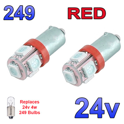 2 x Red 24v LED Side Light 249 BA9s T4W 5 SMD Bayonet Bright Bulbs HGV Truck 
