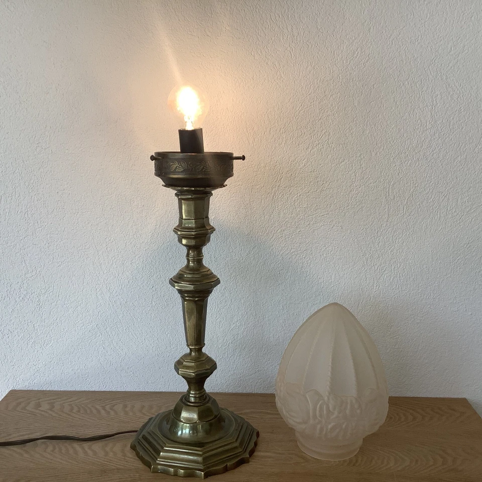 Lampe Art Deco Globe Verre Givré Beige Rosé Motif Fleurs, Pied Laiton Vintage - Photo 4/4