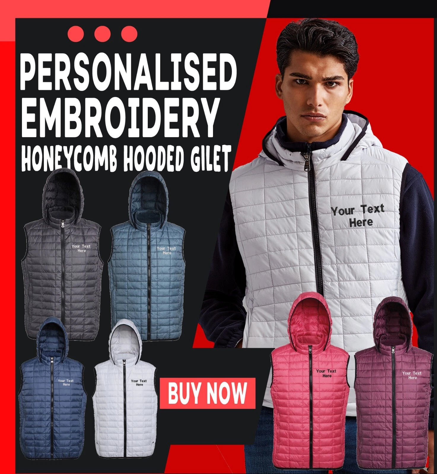 Personalised Custom Embroidered 2786 Honeycomb Hooded Gilet Full-zip TS024