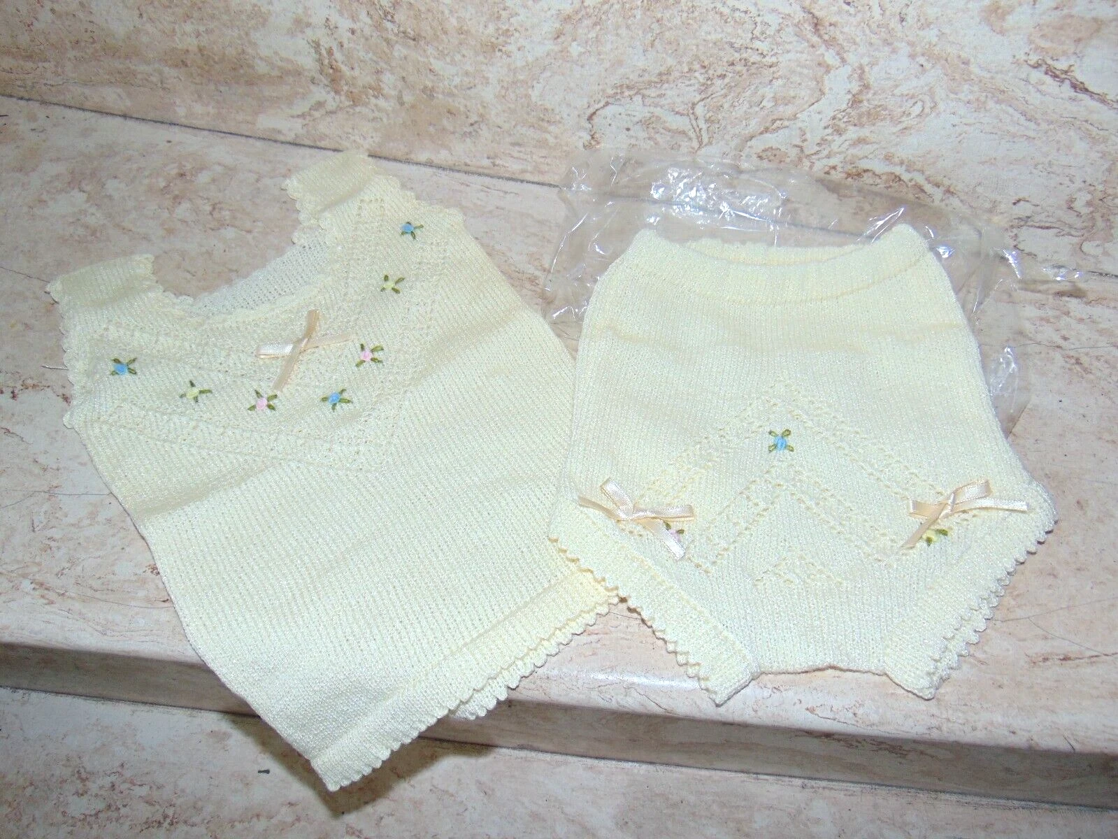 Baby Girl Infant Handmade 2 Piece Outfit Set Pajama Wool Knitting Crochet 6/12M