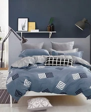 Geo Stripes Cotton Bedding Set: 1 Duvet Cover 2 Pillow Shams  Queen/King/Cal K