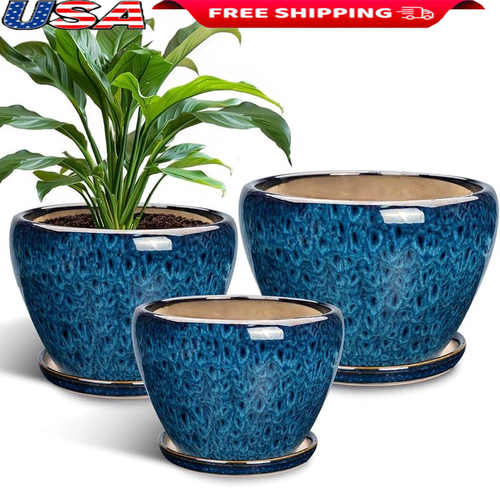 Ceramic Plant Pots W/ Drainage Holes Saucers Set for Indoor Outdoor Plants New