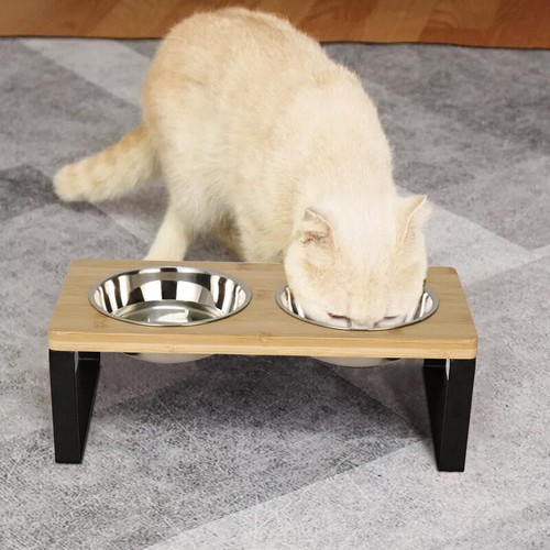 Double Raised Pet Bowl on Stand Elevated Cat Dog Food Bowl Metal Wooden Stand - Picture 4 of 9