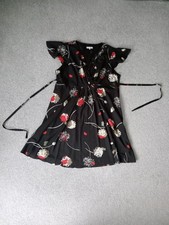 Size 22 Black Floral Tea Dress Wrap Front Knee Length Party Smart John Rocha
